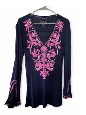 INC Embroidered Blouse Top Coverup Tunic Navy Pink Rhinestone Jewels Boho Glam